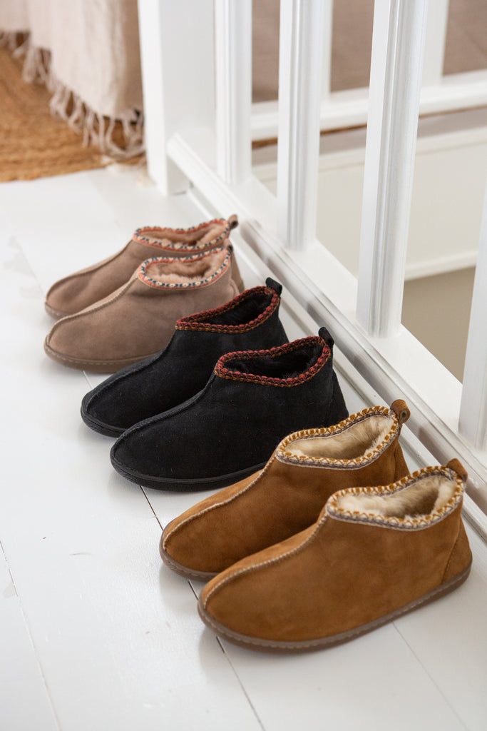 Agnes sheepskin slipper boots in coal , chestnut and pale beige – cosy handmade footwear that can be worn outside
