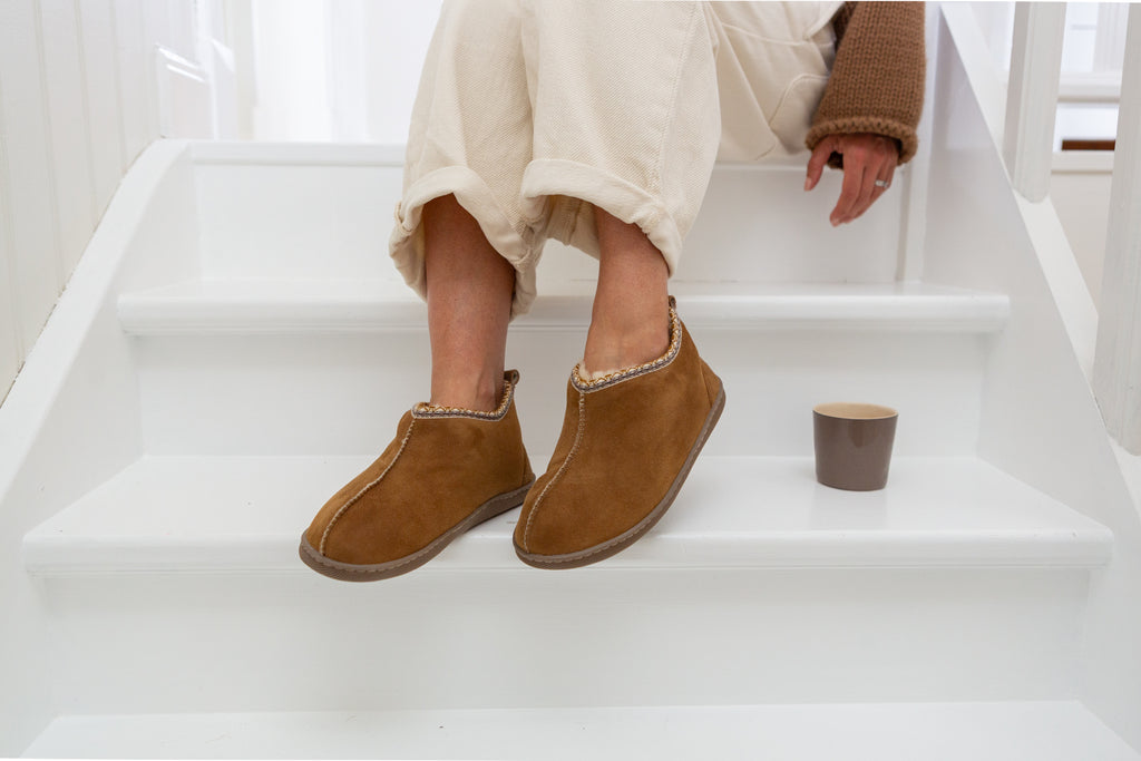 Agnes sheepskin slipper boots in chestnut – cosy handmade footwear that can be worn outside