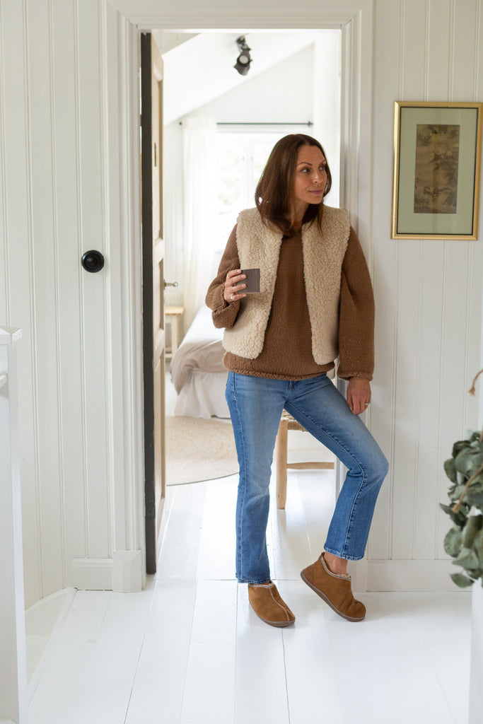 Agnes sheepskin slipper boots in chestnut with beige merino gilet