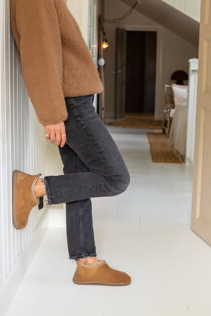 Agnes sheepskin slipper boots in chestnut – cosy handmade footwear that can be worn outside