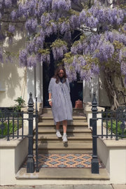 soft lightweight indigo stripe dress in organic cotton and silk, durable and modern