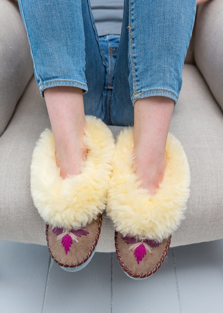 Children's Sheepskin Moccasin Slippers, Rhubarb Pink - The Small Home - UK - Warm & cosy fur slippers, for boys & girls