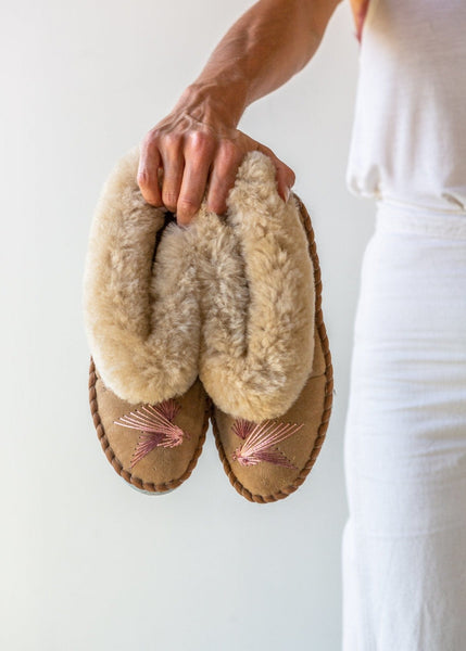 Women's Sheepskin Moccasin Slippers, Love Birds, pink, The Small Home, UK ladies slippers, comfy & warm real fur Slippers