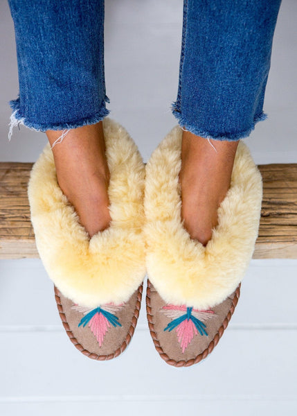 Women's Sheepskin Moccasin Slippers – Sand/Pepto Pink - The Small Home