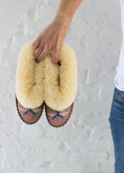 Women's Sheepskin Moccasin Slippers pretty pink embroidered The Small Home UK ladies slipper comfy & warm real fur Slippers