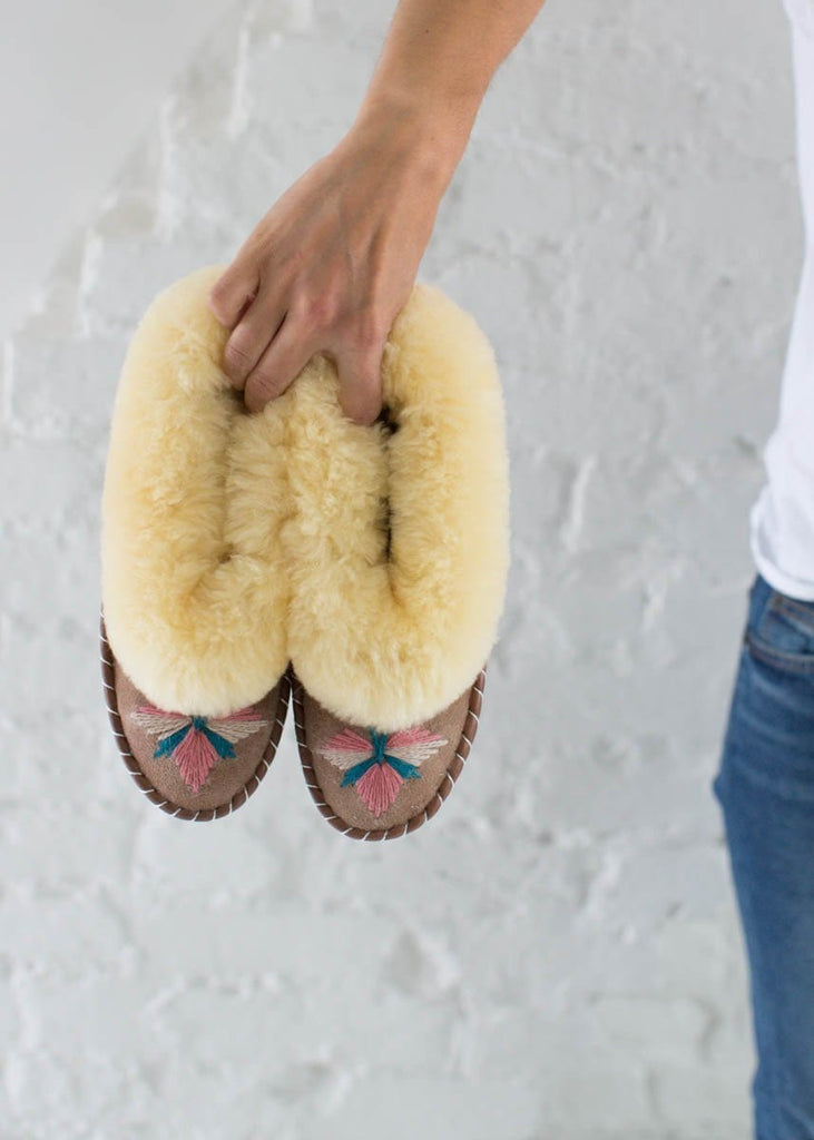 Women's Sheepskin Moccasin Slippers pretty pink embroidered The Small Home UK ladies slipper comfy & warm real fur Slippers