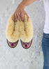Women's Sheepskin Moccasin Slippers pink. Embroidered The Small Home UK ladies slippers. Comfy & warm real fur Slippers