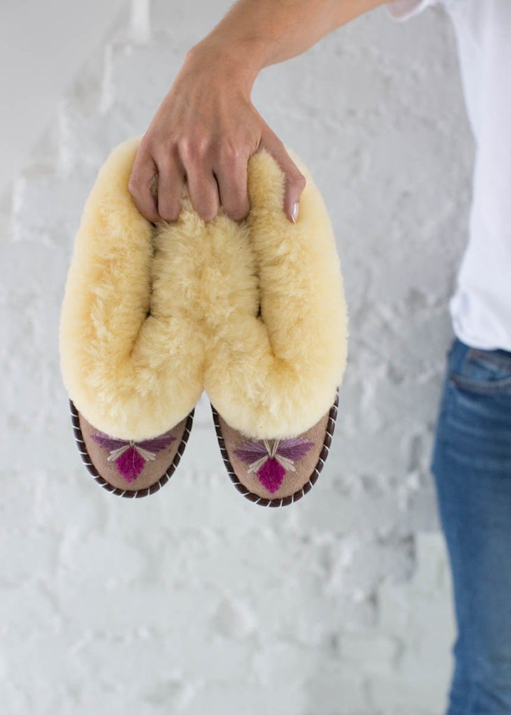 Women's Sheepskin Moccasin Slippers pink. Embroidered The Small Home UK ladies slippers. Comfy & warm real fur Slippers