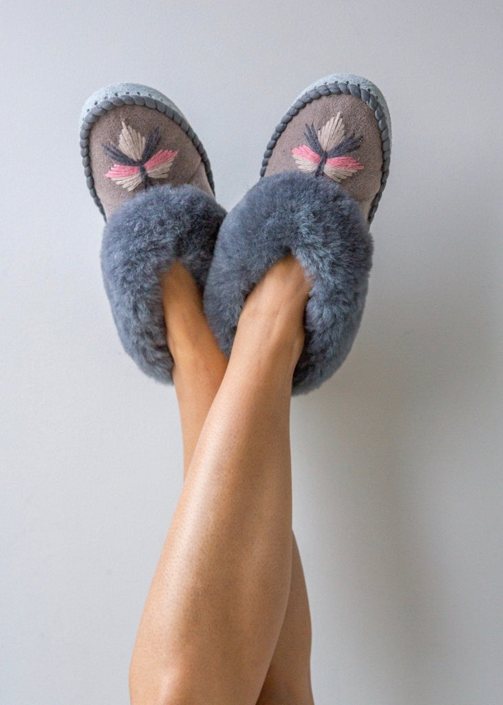Women's Sheepskin Moccasin Slippers Pale Grey. Embroidered The Small Home UK ladies slippers. Comfy & warm real fur Slippers