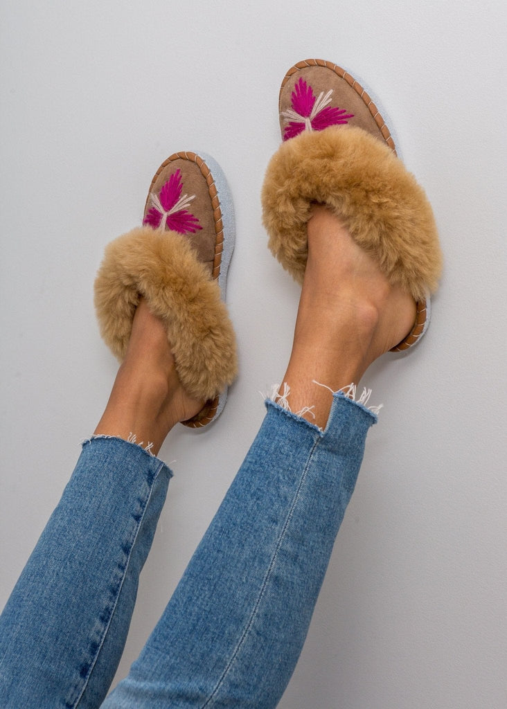 Women's Sheepskin Slipper Mules Rhubarb. The Small Home Ladies Real Fur Slippers. UK Slippers. Cosy & warm slippers.