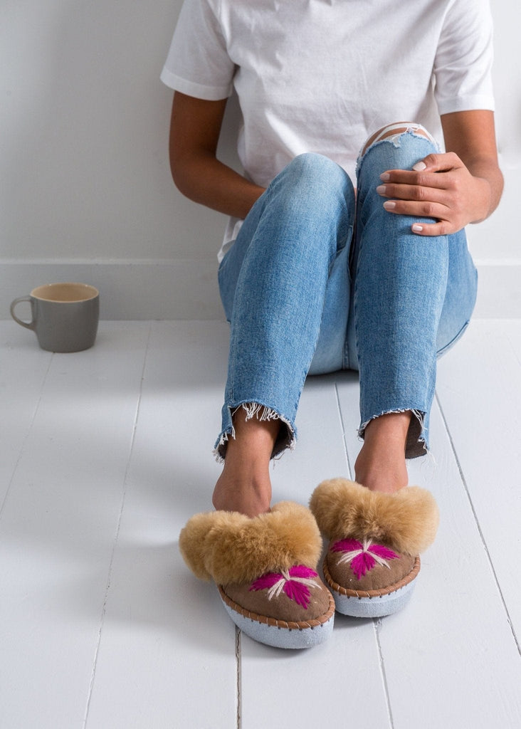 Women's Sheepskin Slipper Mules Purple. The Small Home Ladies Real Fur Slippers. UK Slippers. Cosy & warm slippers.